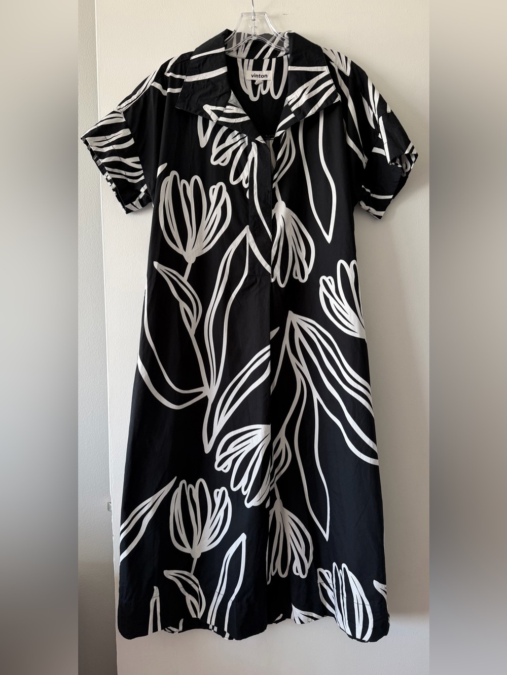 Vinton Black & White Abstract Floral Midi Shirt Dress Short Sleeve Cotton Size M
